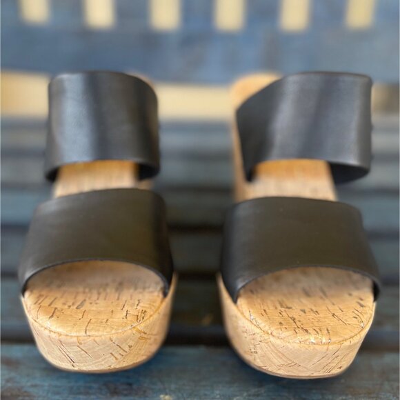Korks Dezi Womens Platform Sandals 11M Black Leather Slip-On Cork Heel Open Toe - Picture 8 of 10